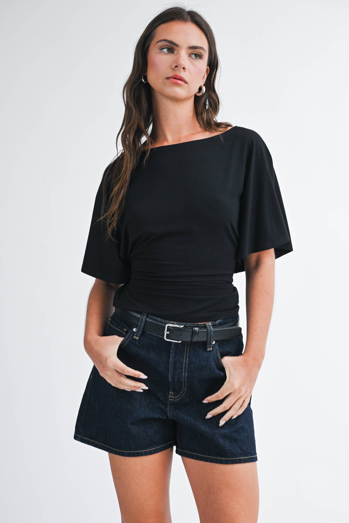 Draped Short Sleeve Back Tie Top