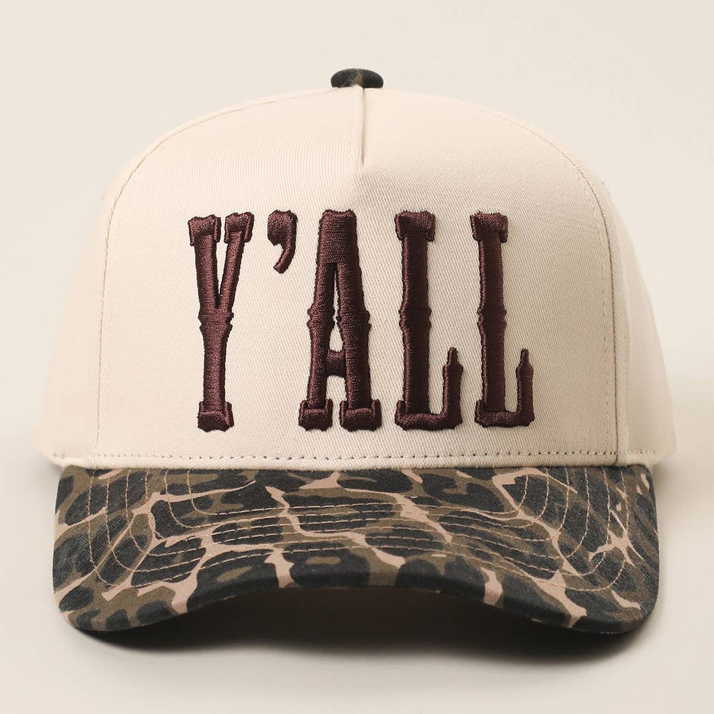 Y'ALL 3D Embroidered Two Tone Leopard Brim Trucker Hat: LEOPARD / ONE SIZE