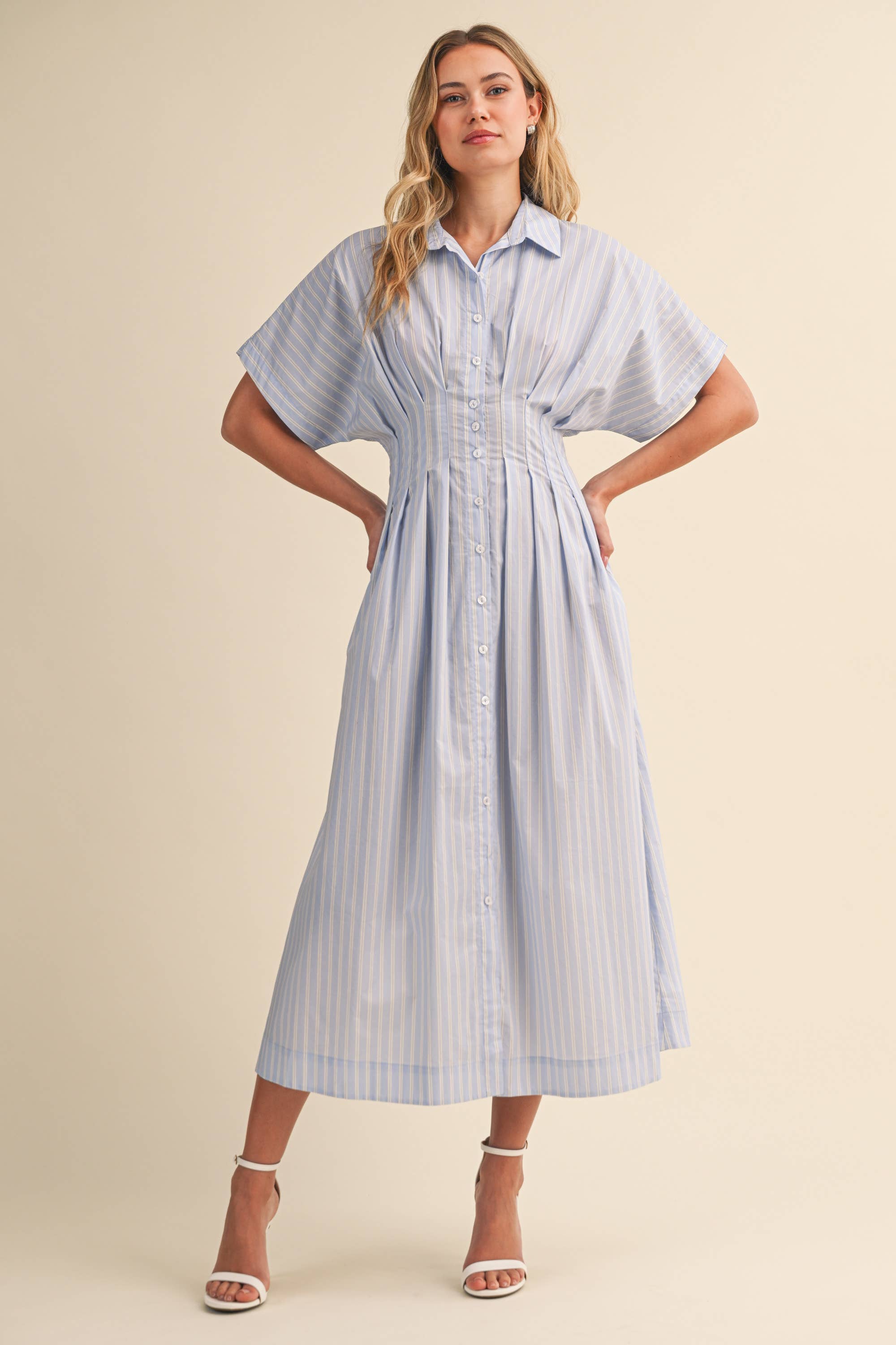 STRIPE PRINT DOLMAN SLEEVE PLEATS WAIST BUTTON DOWN