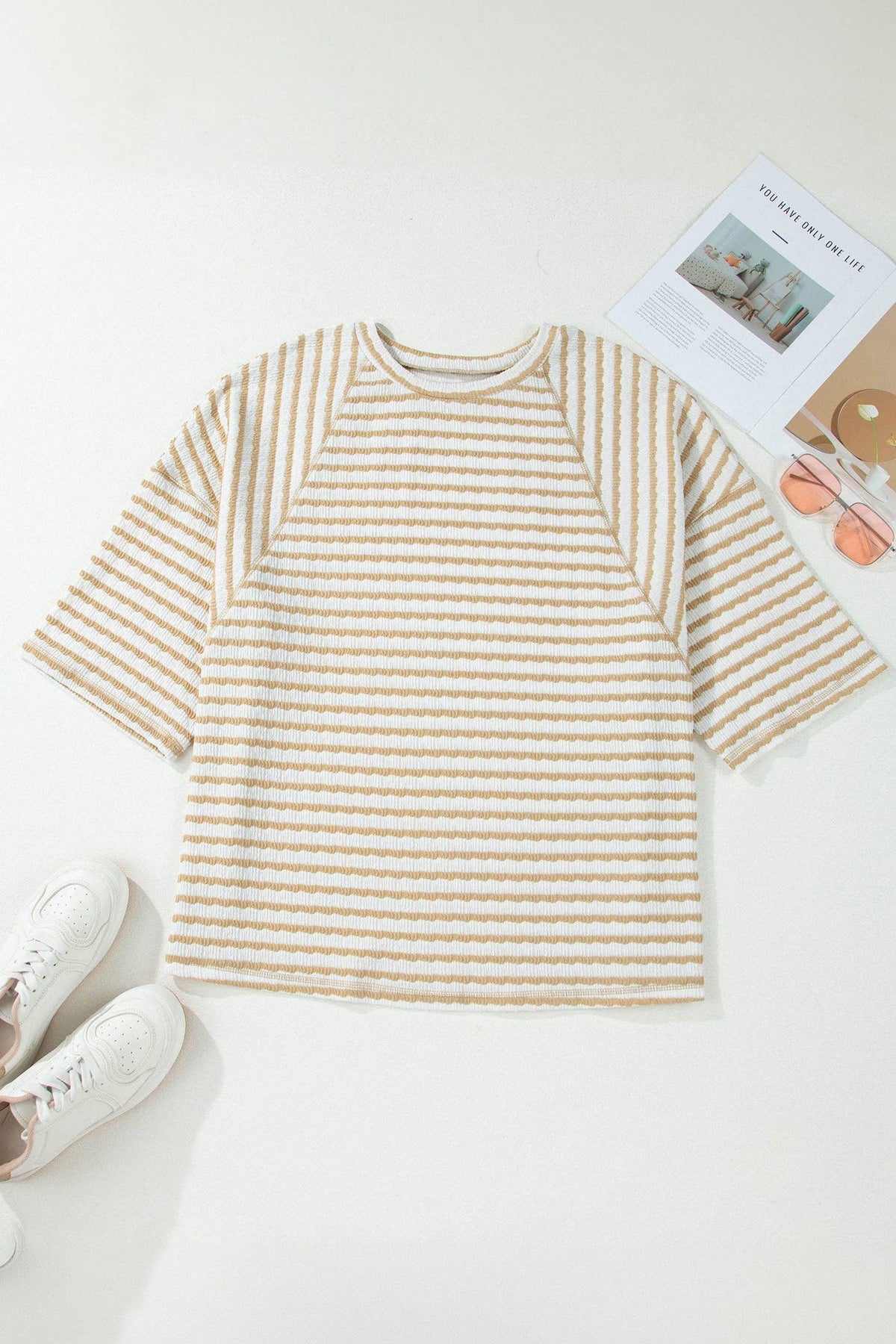 Curvy Stripe Textured 3/4 Sleeve Top