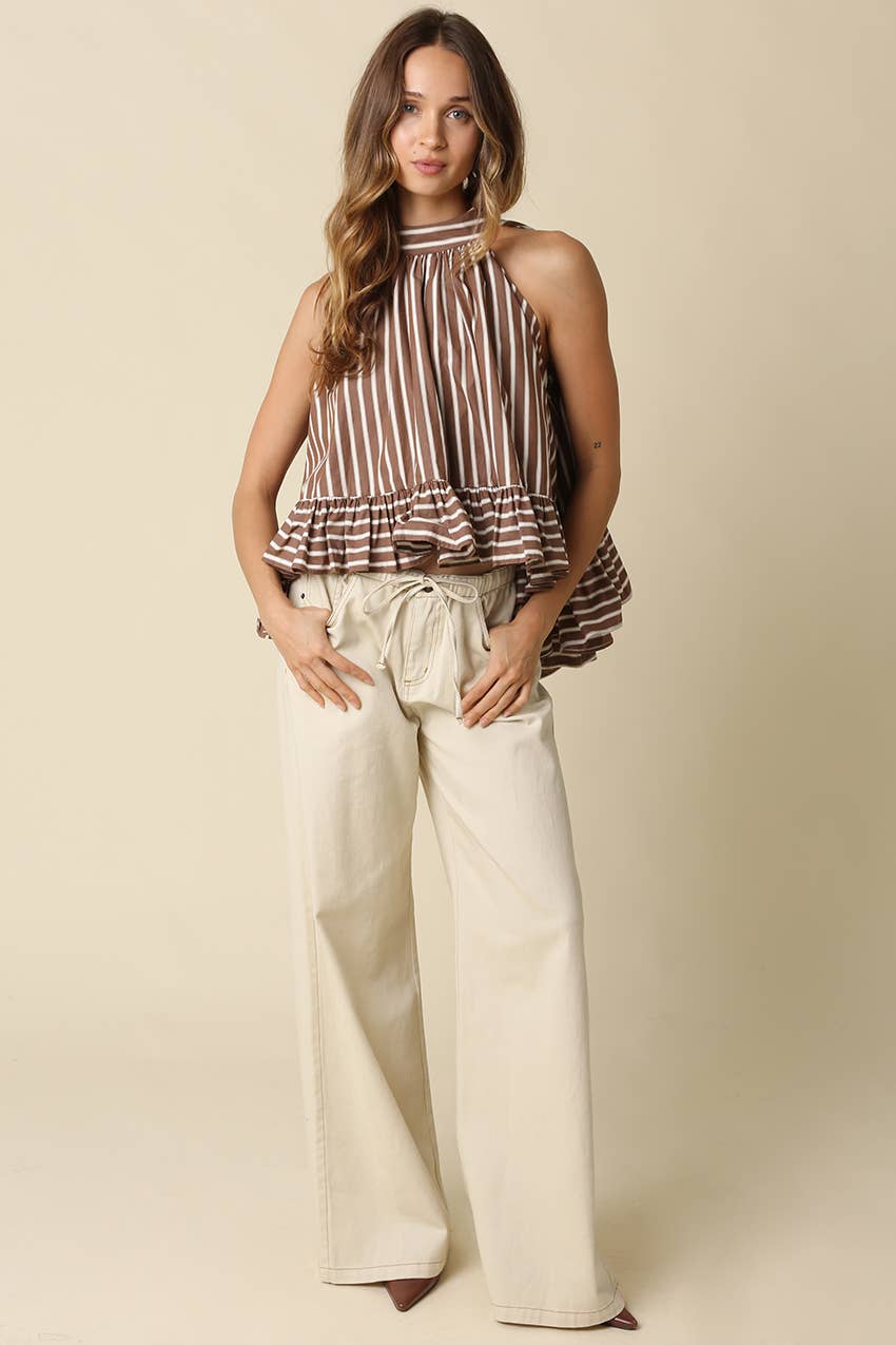 Bea Stripe Halter Ruffle Blouse: Brown / Contemporary / L