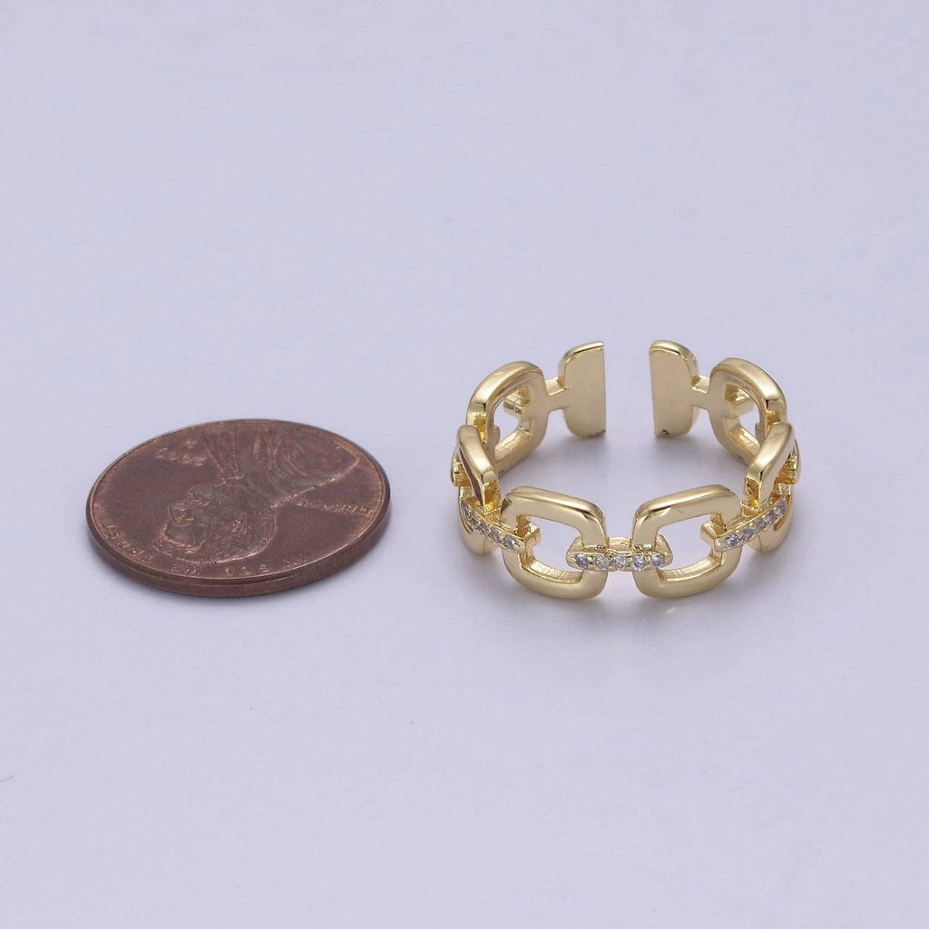 24K Gold Filled Cable Paperclip Chain Link Ring, Dainty Micro Pave Cubic Zirconia CZ Ring S-347