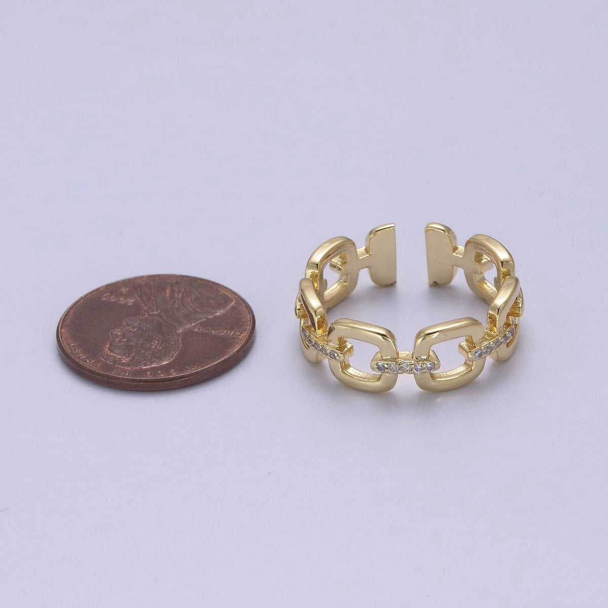 24K Gold Filled Cable Paperclip Chain Link Ring, Dainty Micro Pave Cubic Zirconia CZ Ring S-347