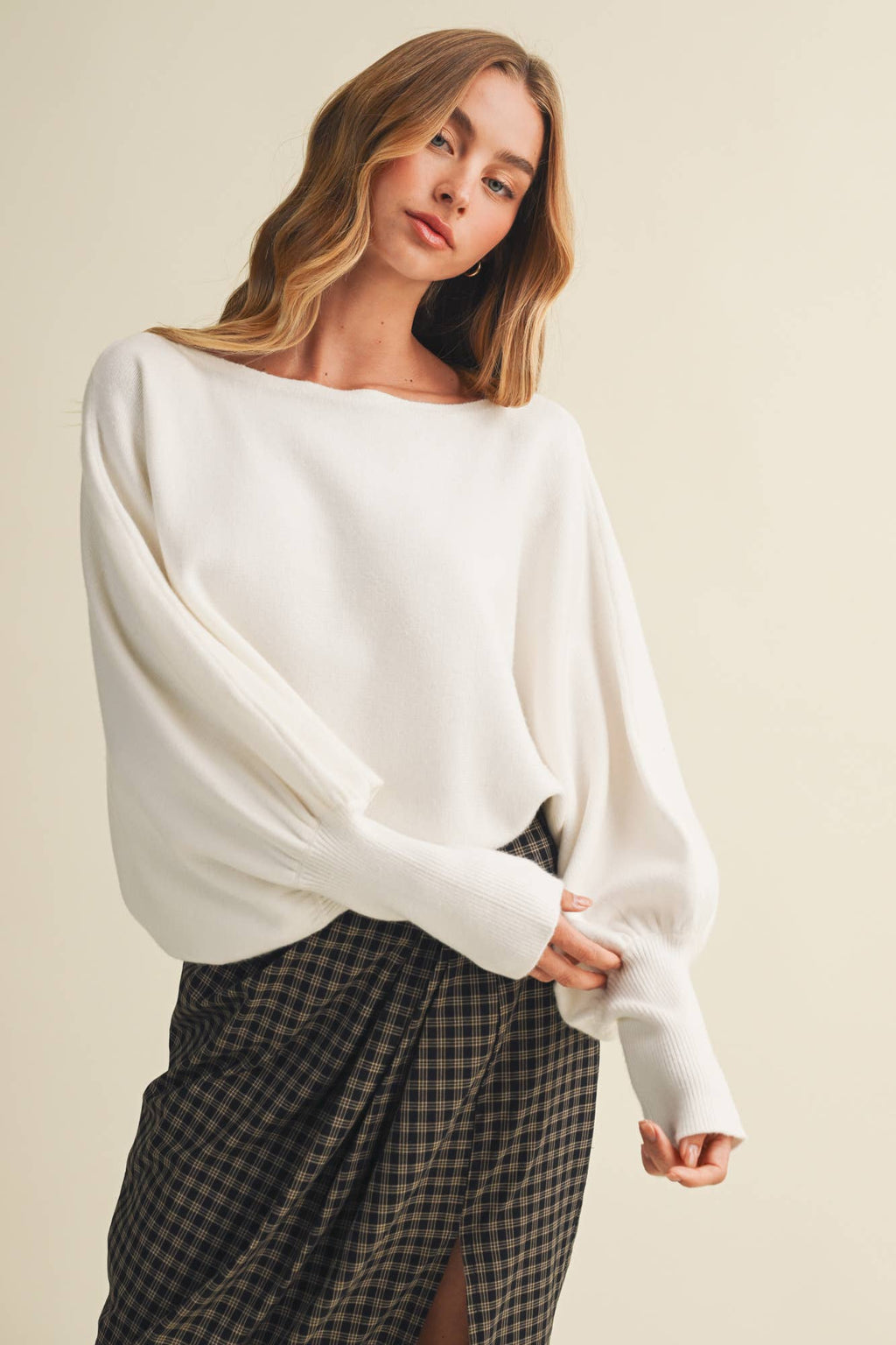 Bateau Neck Dolman Sleeve Pullover: CREAM / L
