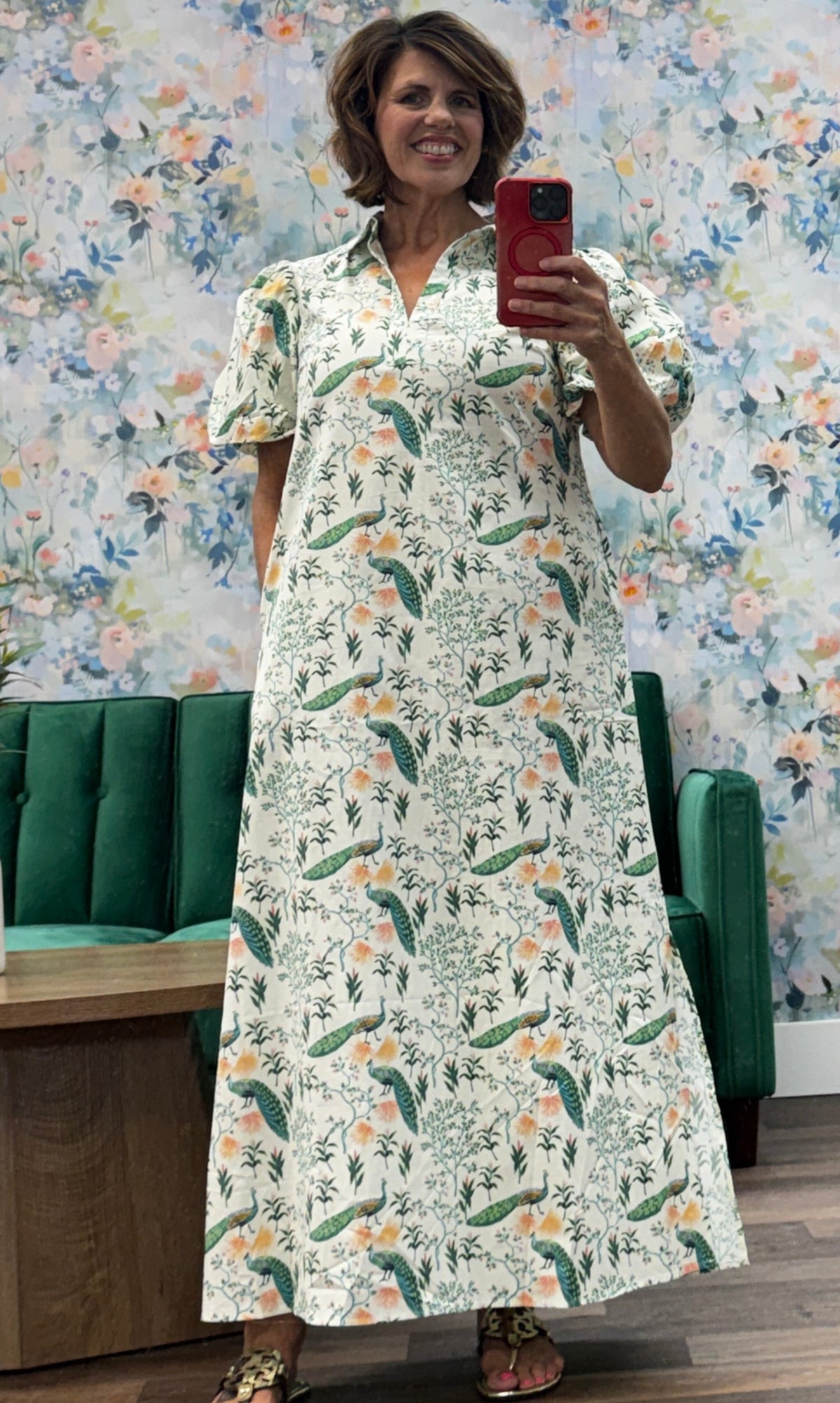 Green Floral and Peacock Print Maxi Dress