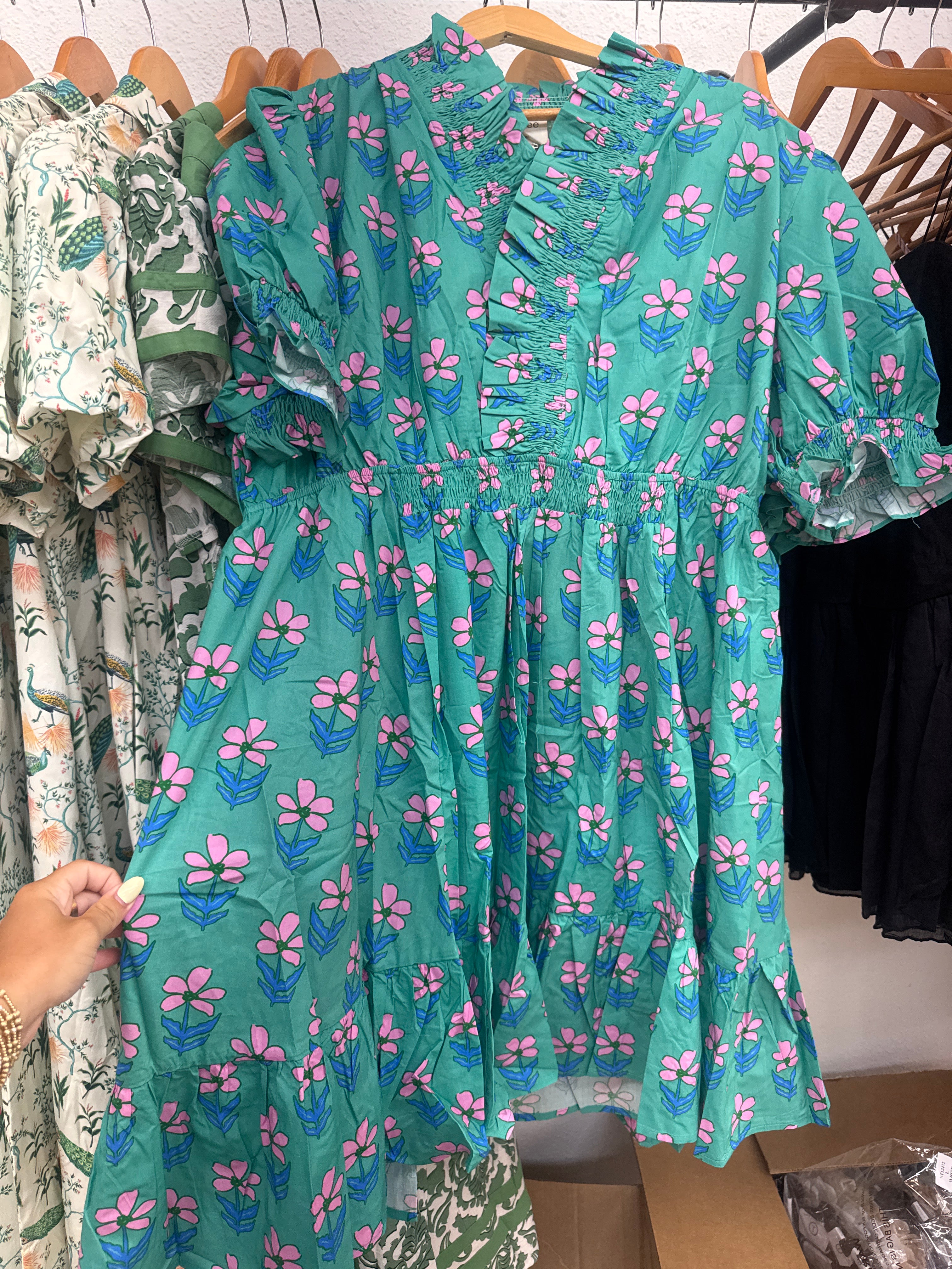 Green pink floral dress