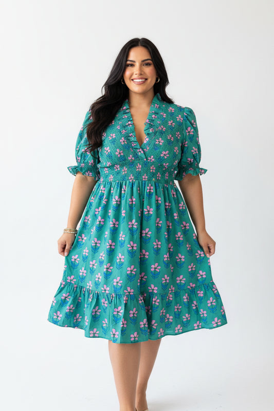 Curvy Midi Green Pink Floral Dress