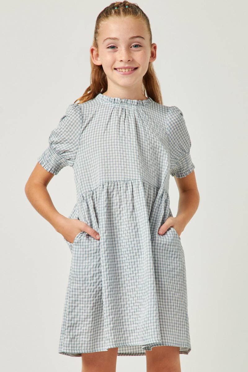 Girls Blue Gingham Smocked Dress