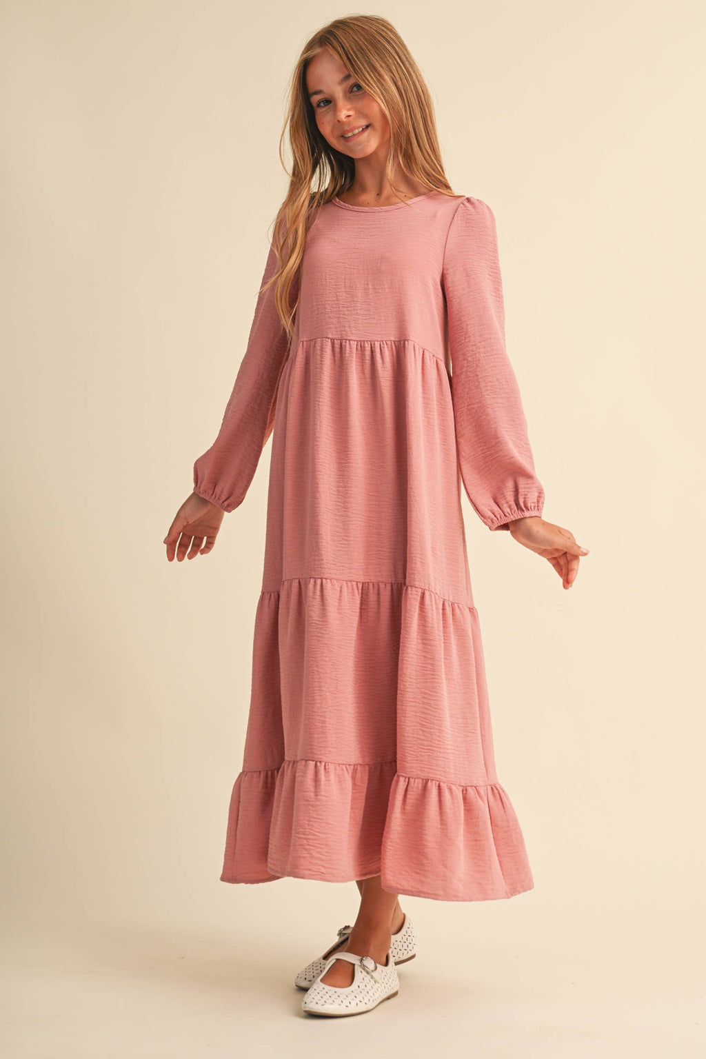 PRE-ORDER- TWEEN KIDS GIRLS MAXI TIERED DRESS (7-14): Mauve / 9/10