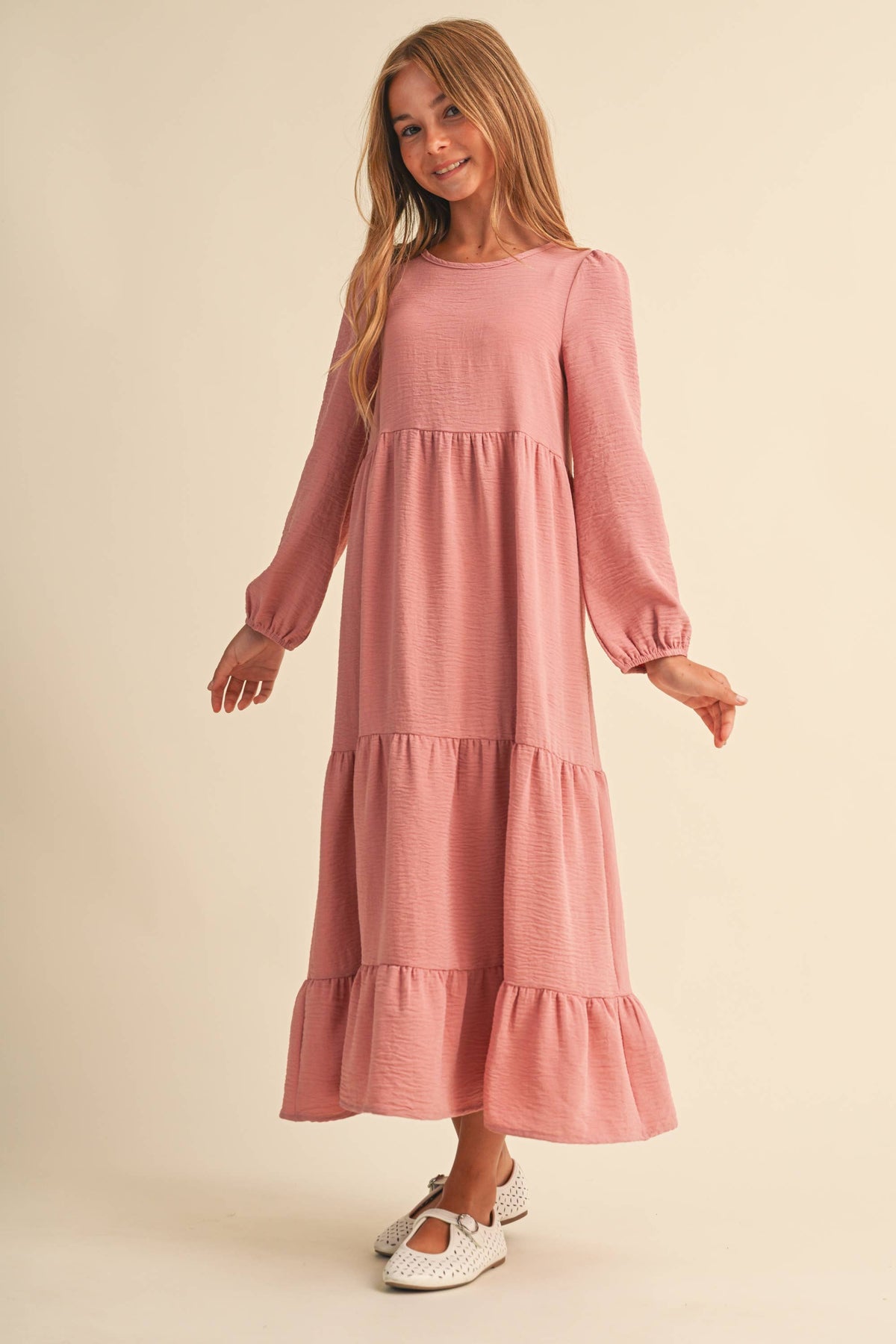 PRE-ORDER- TWEEN KIDS GIRLS MAXI TIERED DRESS (7-14): Mauve / 13/14