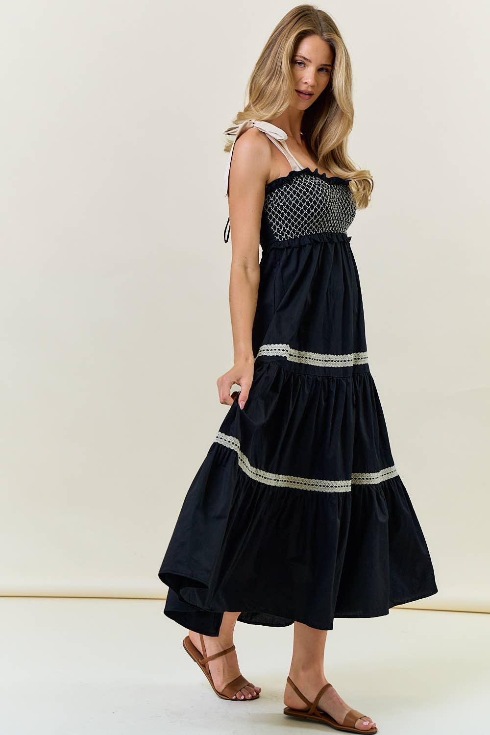 SMOCKED SLEEVELESS TIE STRAP TIERED MAXI DRESS
