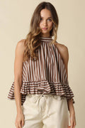 Bea Stripe Halter Ruffle Blouse: Brown / Contemporary / L
