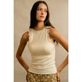 LACE RIBBED SLEEVELESS HALTER TOP: IVORY / M
