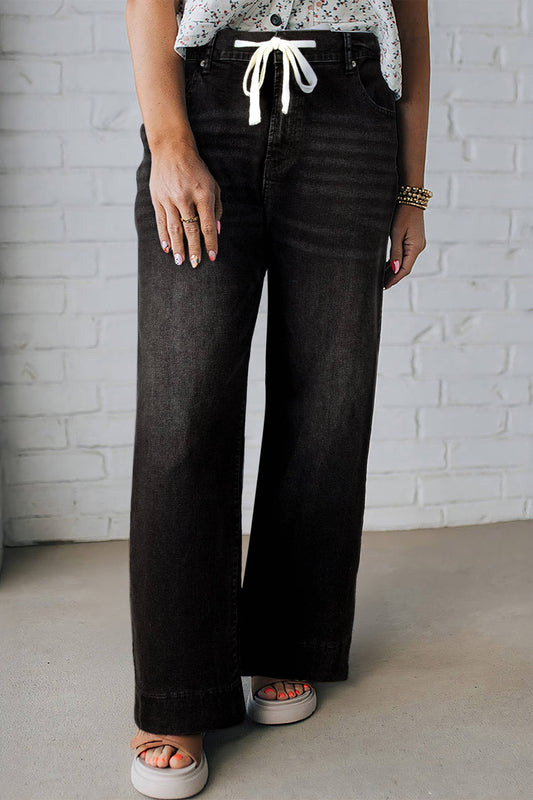 Curvy Black Acid Wash Wide-Leg Jeans