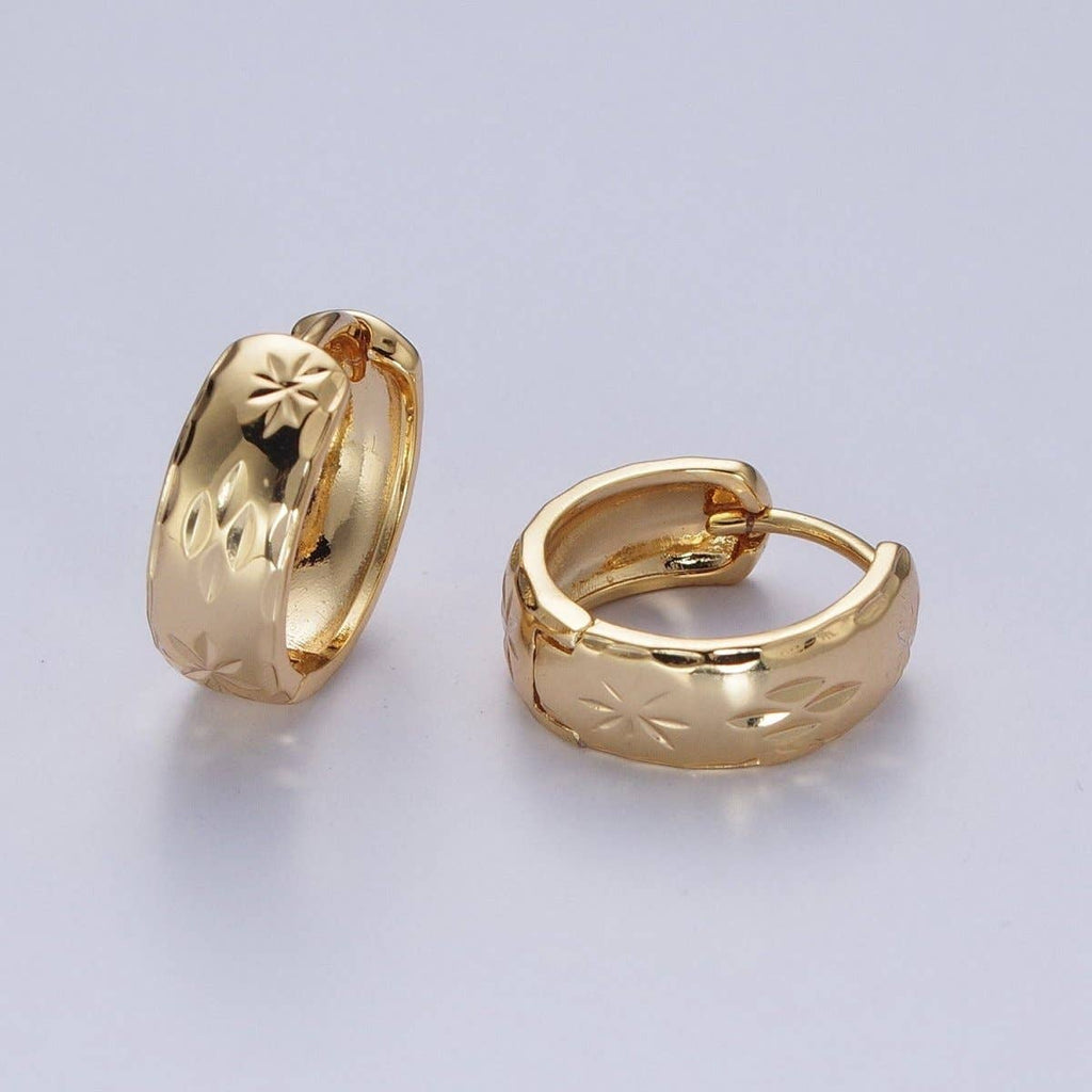 Gold Earrings with Textured North Star Carved Wide Small Huggie Hoop Earrings - AD-480