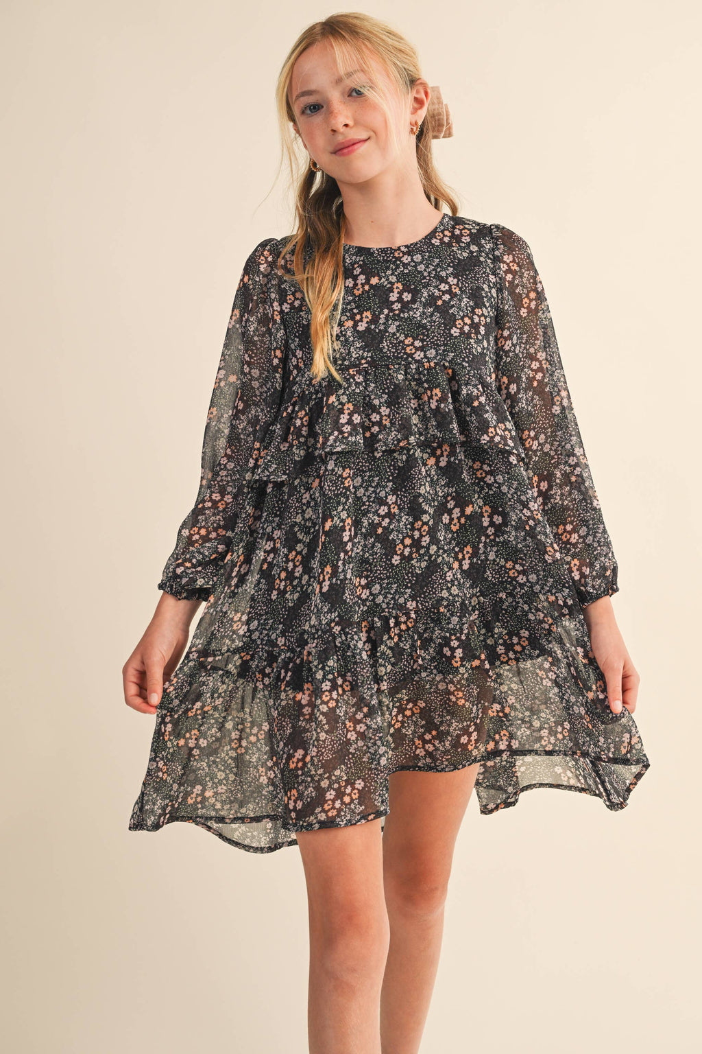 TWEEN KIDS GIRLS LAYERED HI LOW MIDI DRESS (7-14): BLACK MULTI / 7/8