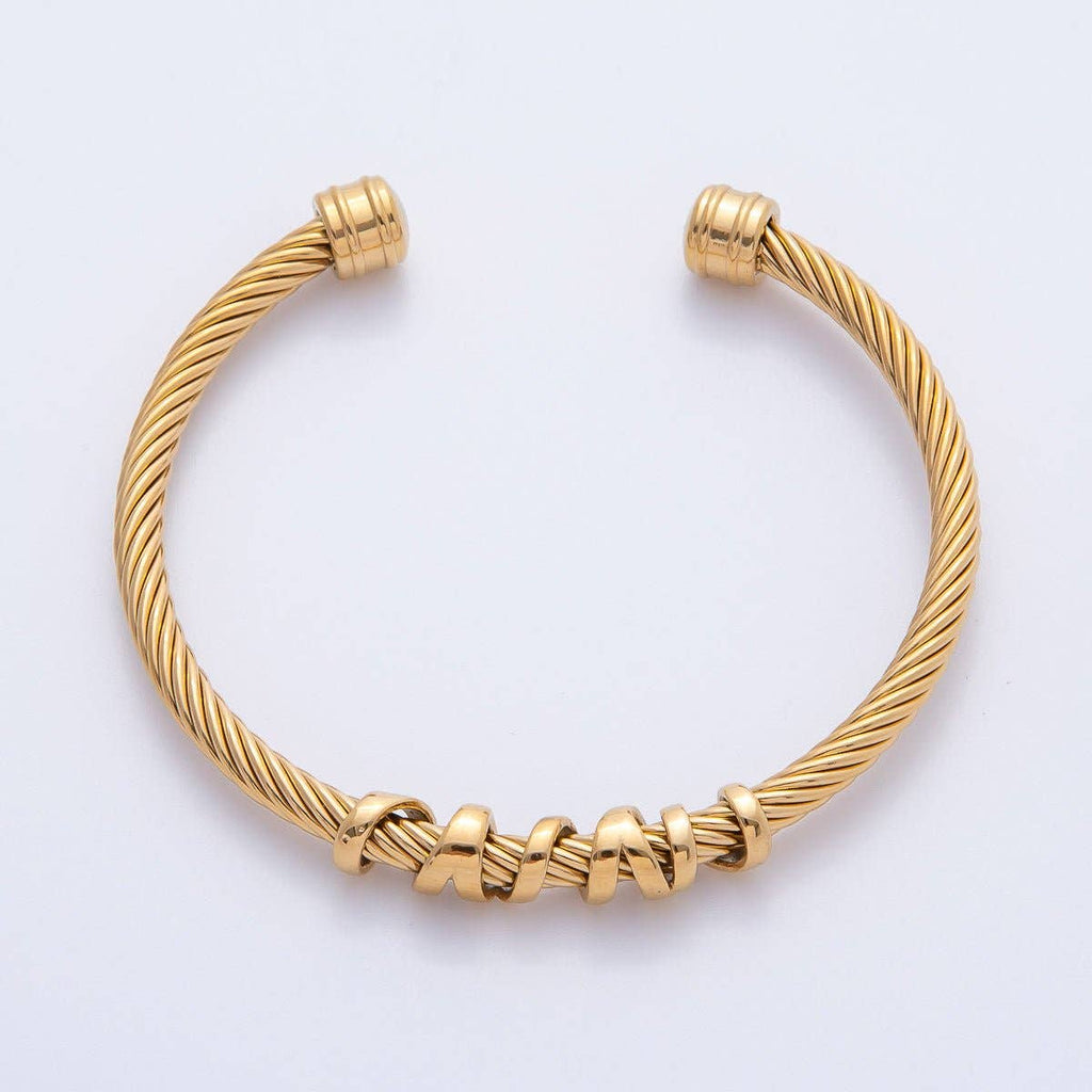 Gold Stainless Steel Basic Twisted Ribbed Cable Cuff Bracelet | WA-3799