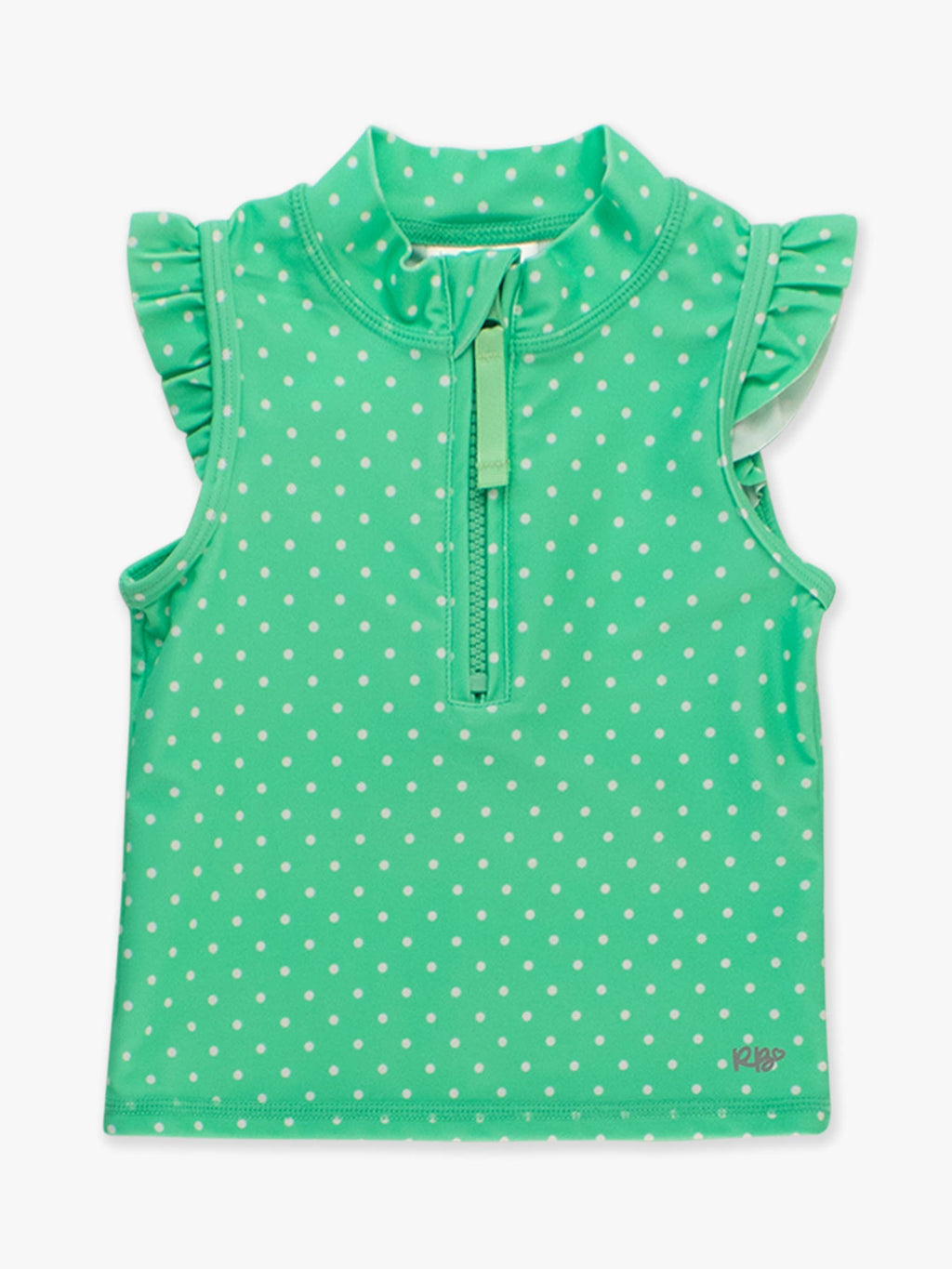 Girls Spring Green Micro Dot Sleeveless Zip Ruffle Sleeve Active Top