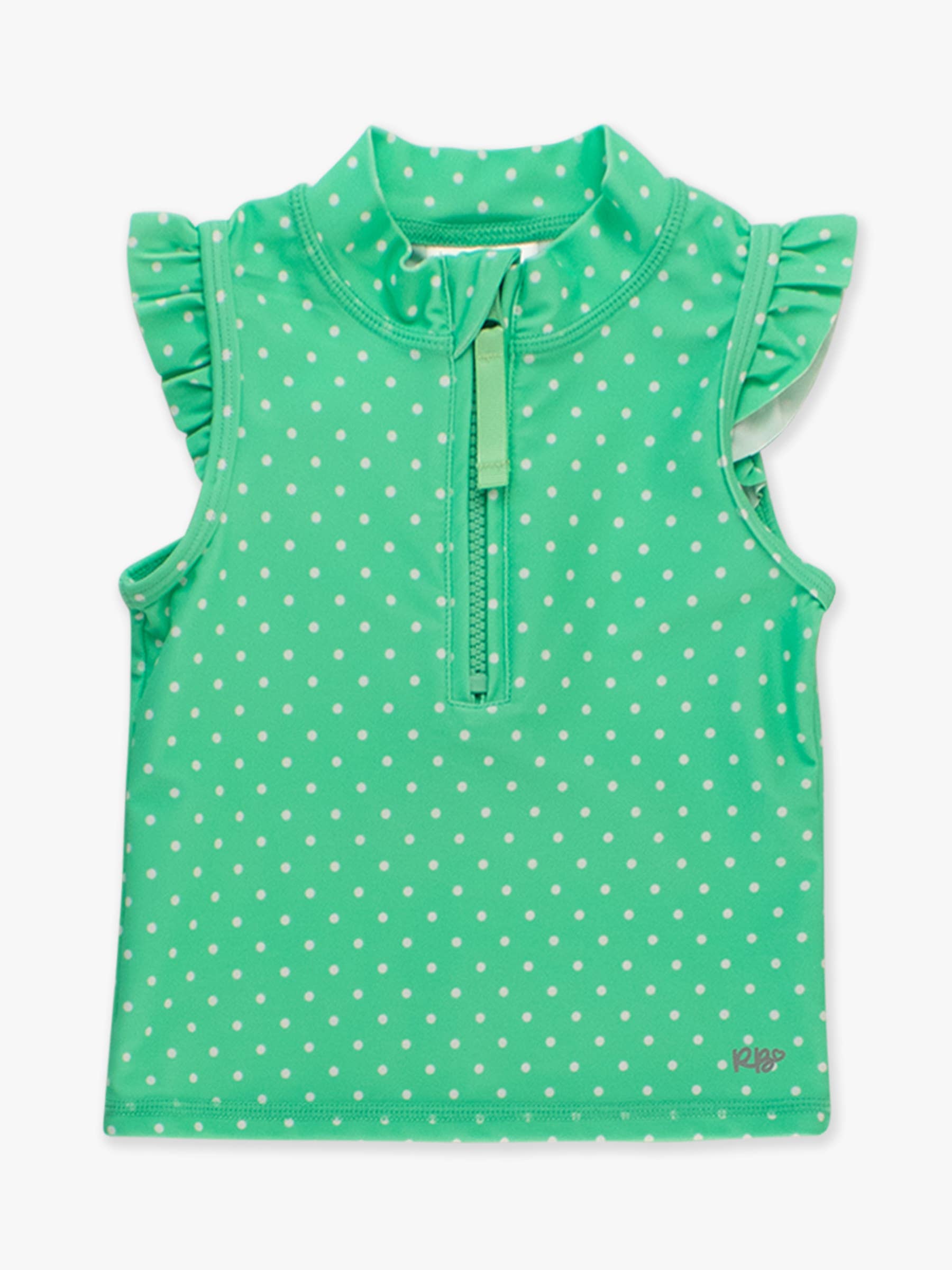 Girls Spring Green Micro Dot Sleeveless Zip Ruffle Sleeve Active Top