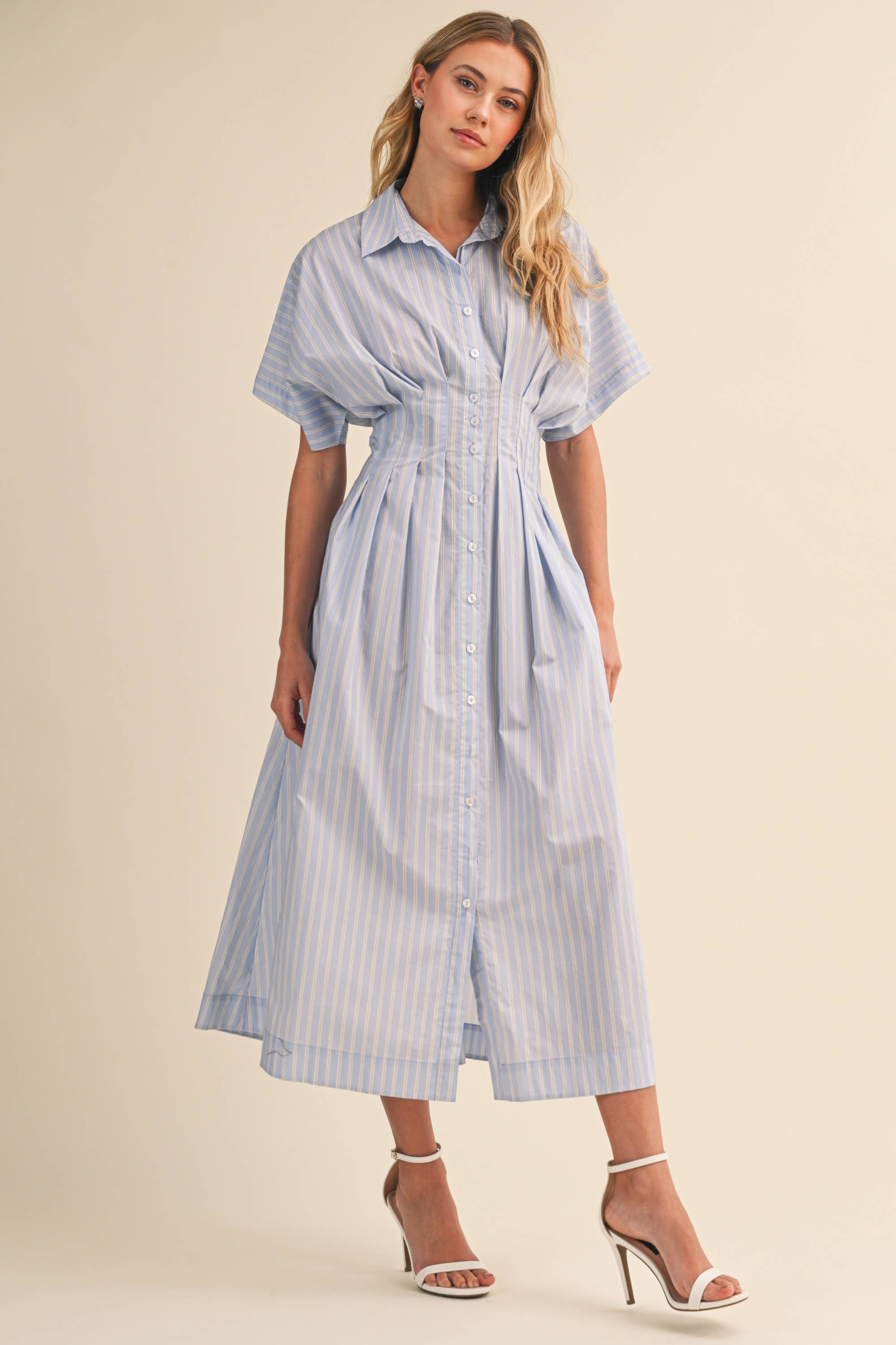 STRIPE PRINT DOLMAN SLEEVE PLEATS WAIST BUTTON DOWN