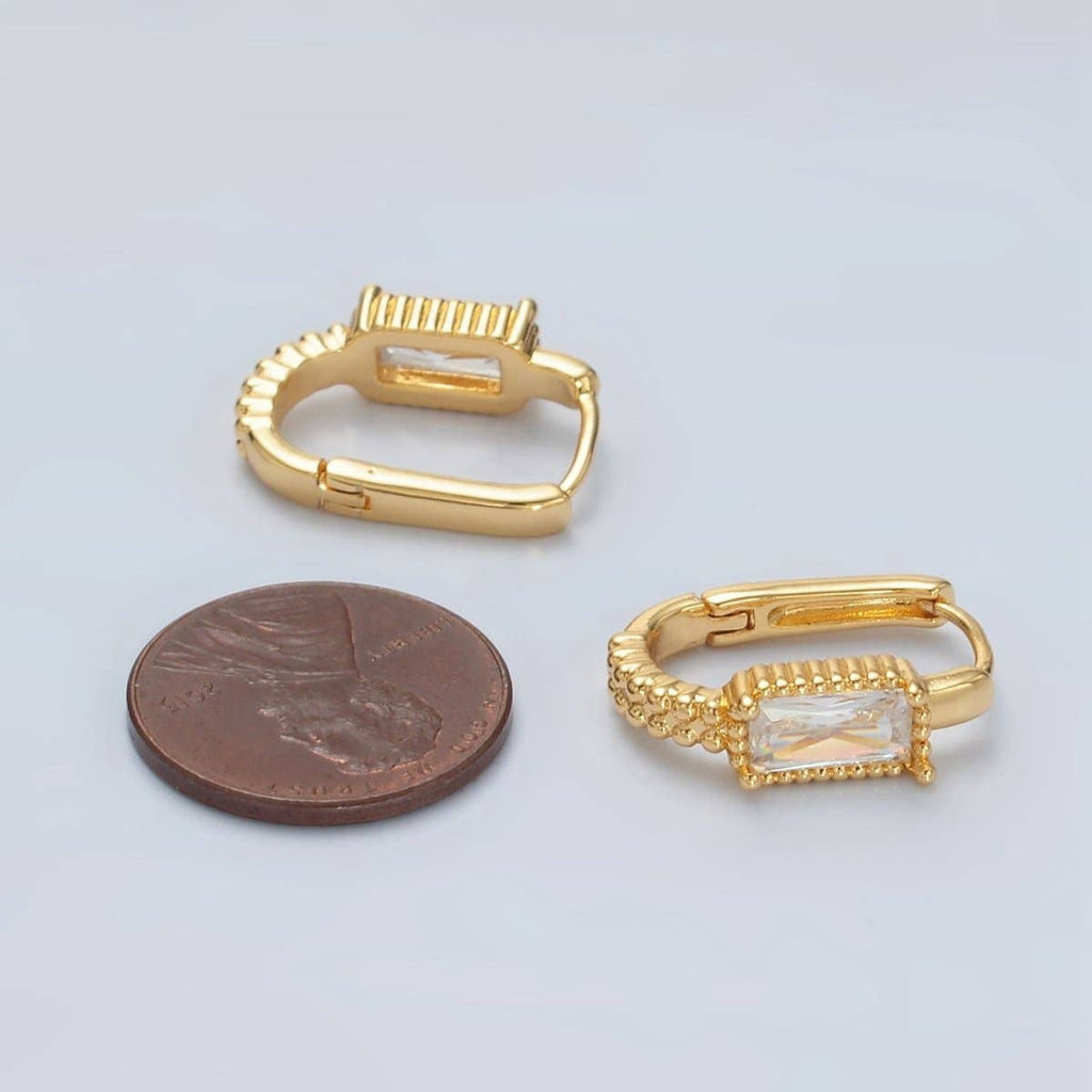 24K Gold Filled 18mm Baguette CZ Dotted Oblong Huggie Earrings | T093