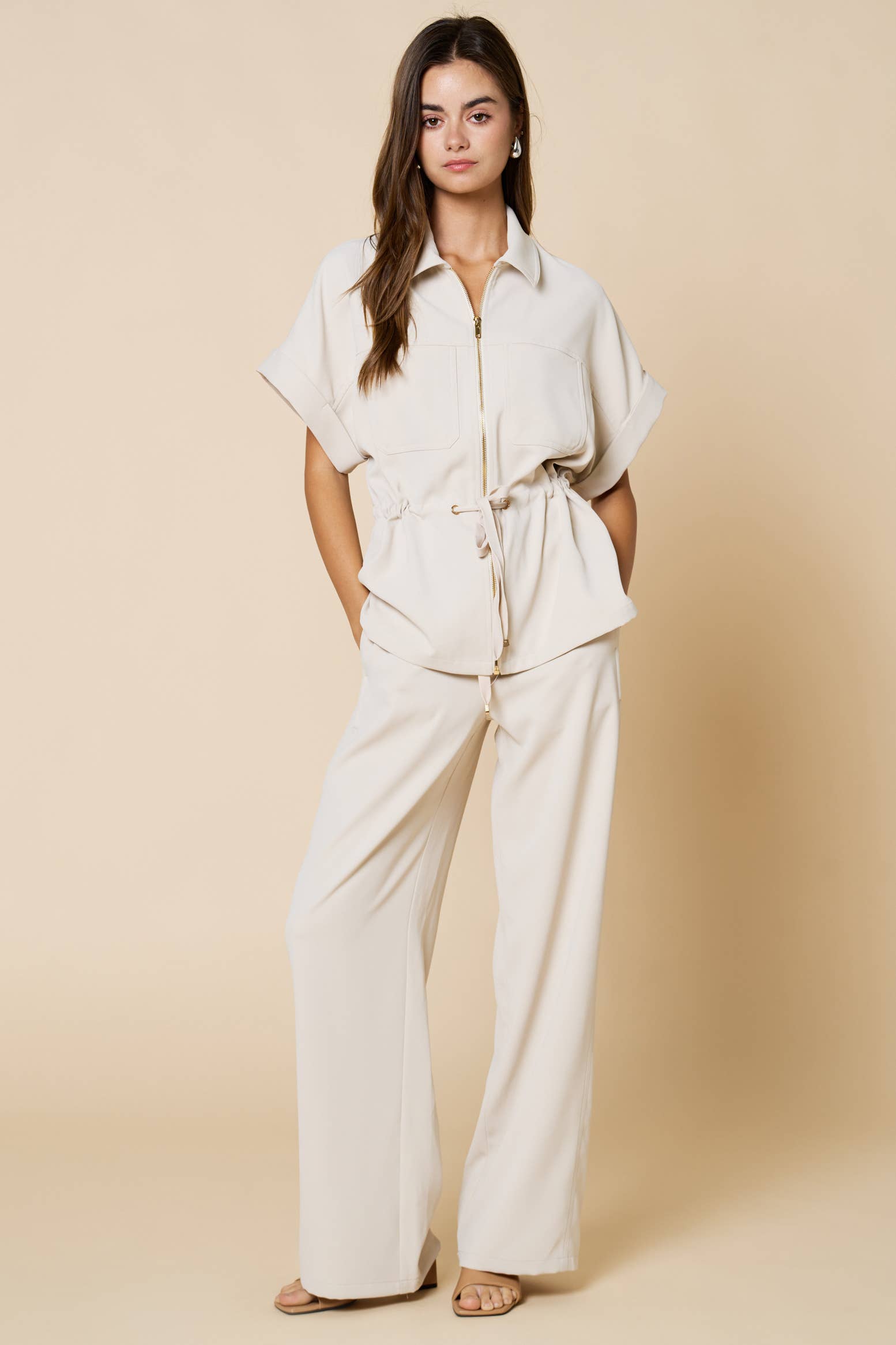 Cream Wide Leg Draw String Pants With Pockets