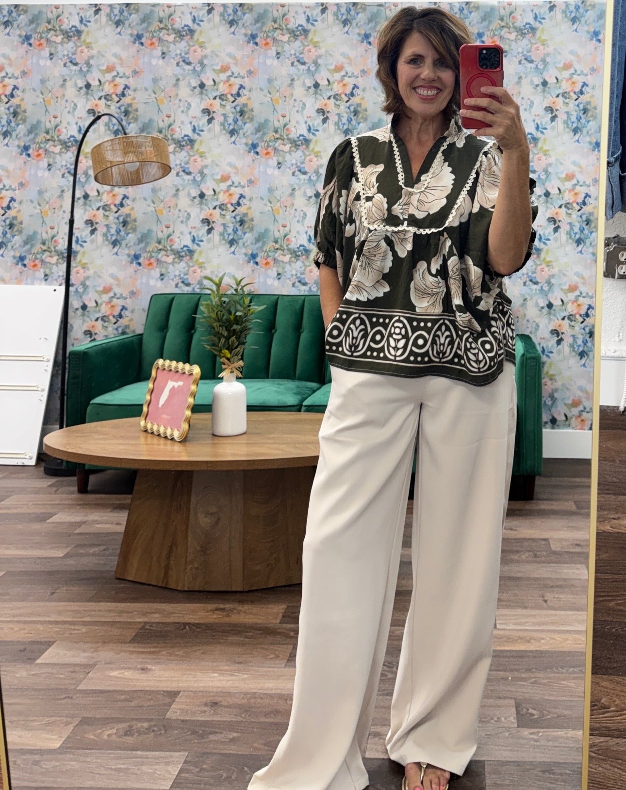 Olive green floral blouse