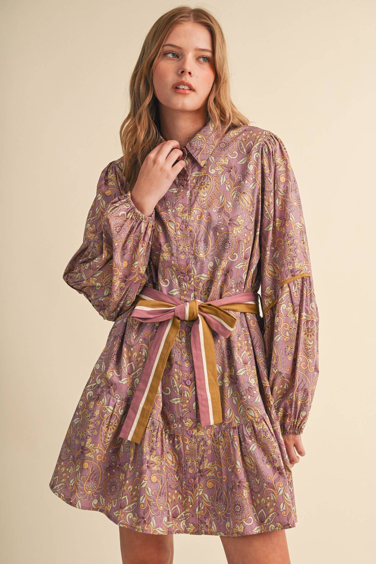 FLORAL PAISLEY BUTTON DOWN BELTED MINI DRESS MDR5148: DUSTY TEAL PAISLEY / S