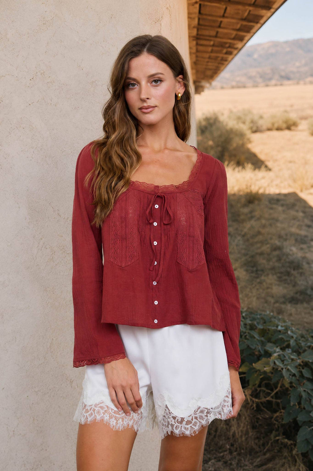 SCOOP NECK FRONT TIE LACE TRIM LONG SLEEVE TOP : BRICK
