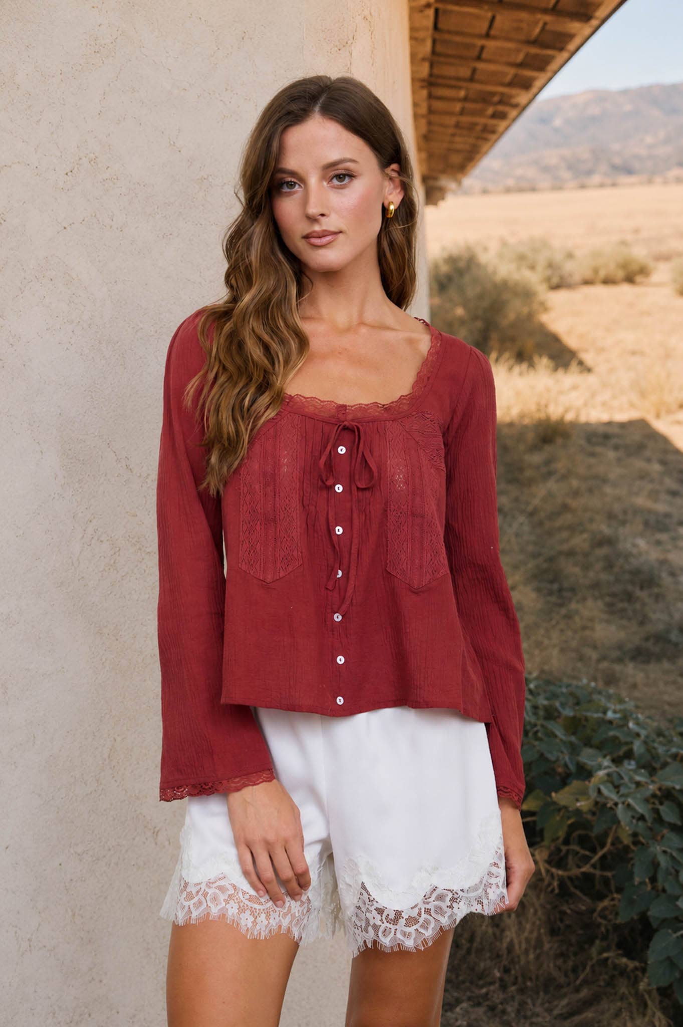 SCOOP NECK FRONT TIE LACE TRIM LONG SLEEVE TOP : BRICK