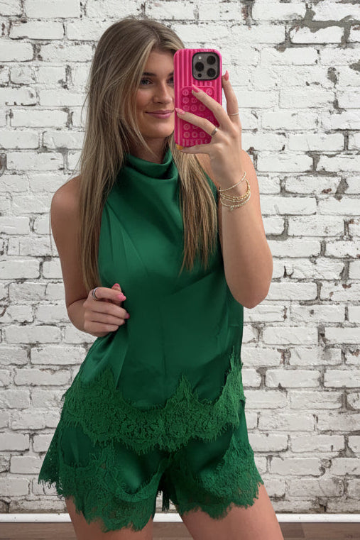 Emerald Green Lace Trim Two-Piece Short Set