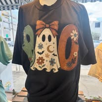 Boo Ghost Tee, Floral Halloween Ghost Shirt: Black