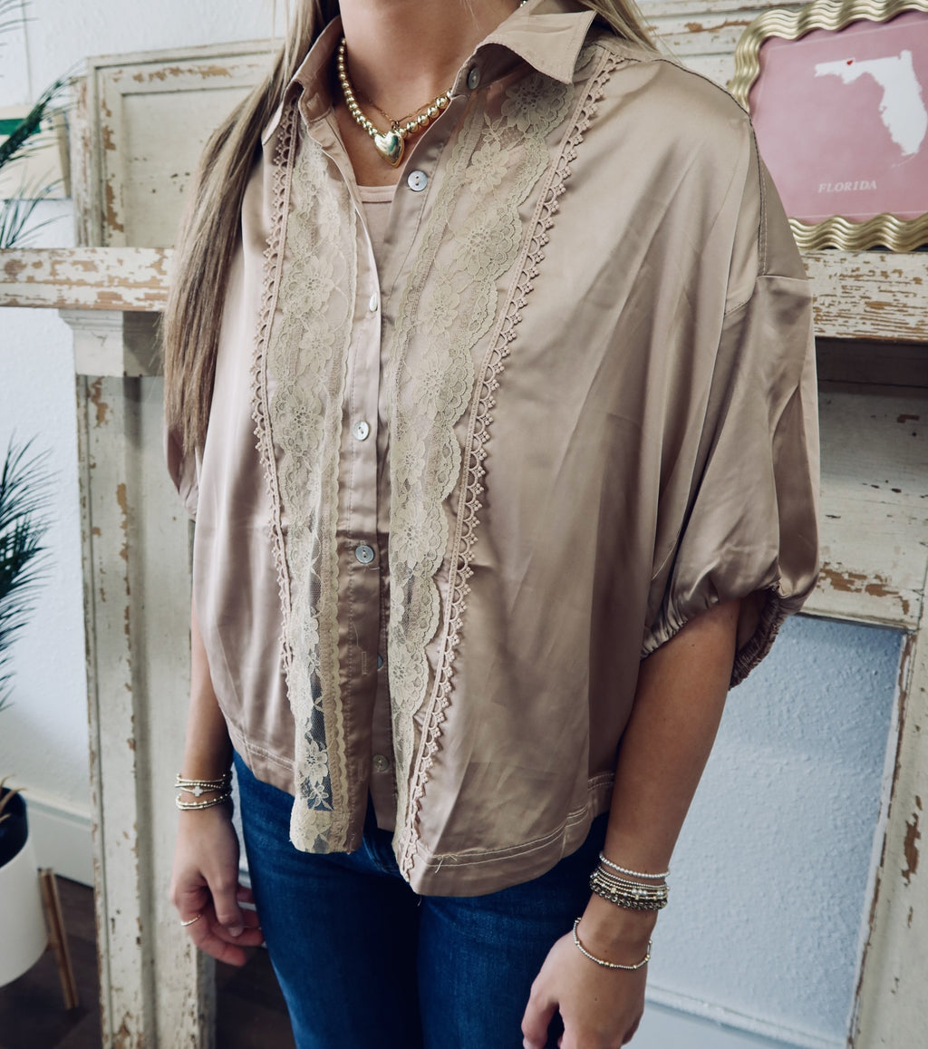 SATIN LACE TRIM BUTTON DOWN SHORT SLEEVES BLOUSE TOP