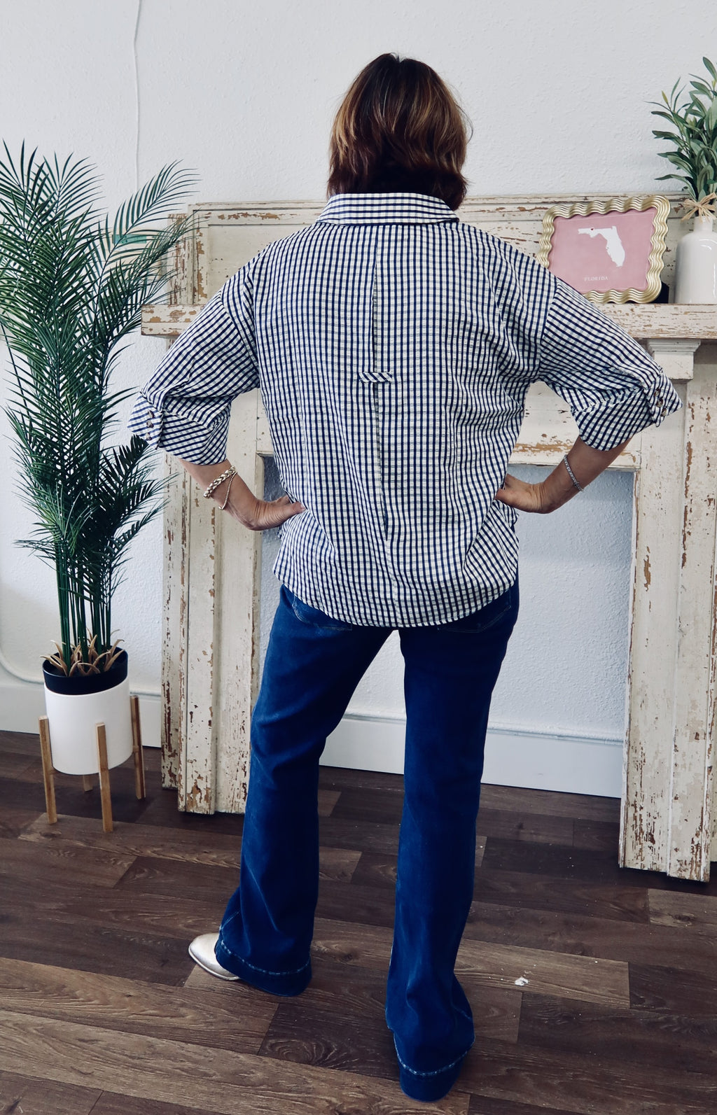 Gingham 3/4 Sleeve Top - Navy and White