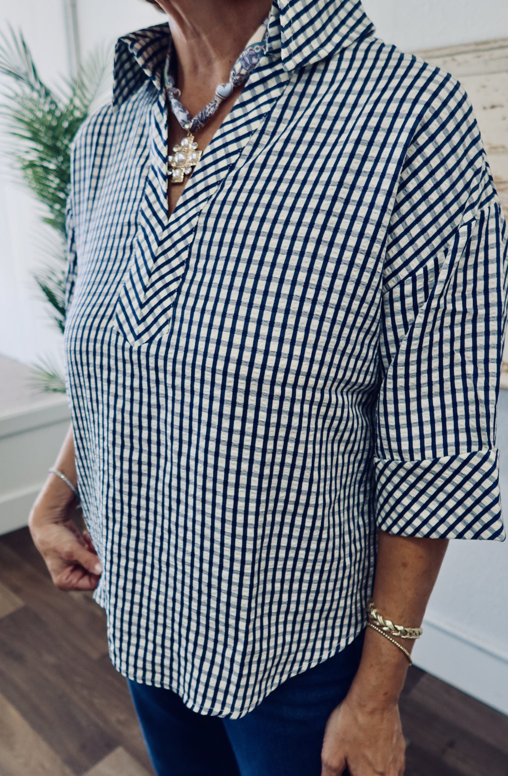 Gingham 3/4 Sleeve Top - Navy and White