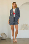 Denim Blazer with Ruched Sleeves