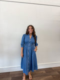 LAS Denim Zipper V Neck Shirred Waist Midi Dress