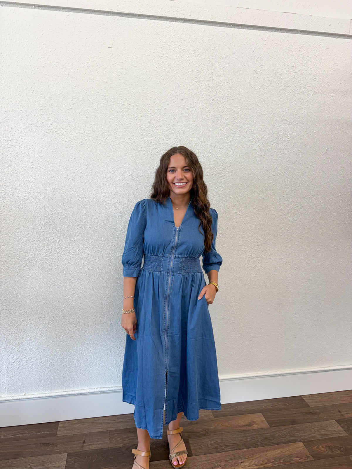 LAS Denim Zipper V Neck Shirred Waist Midi Dress