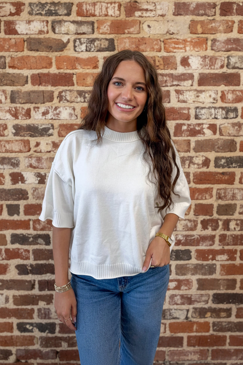 Classic Soft White Mock Neck 3/4 Sleeve Sweater