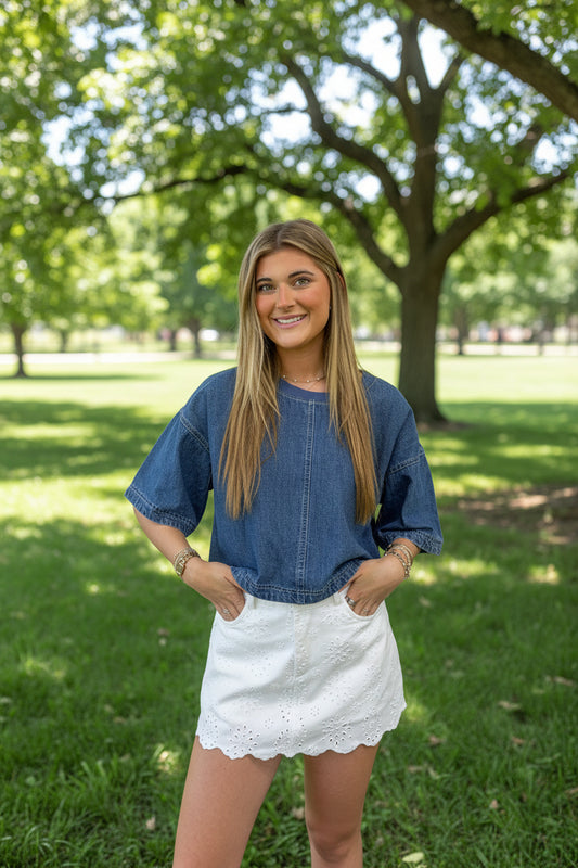 Center Seam Structured Denim Blouse