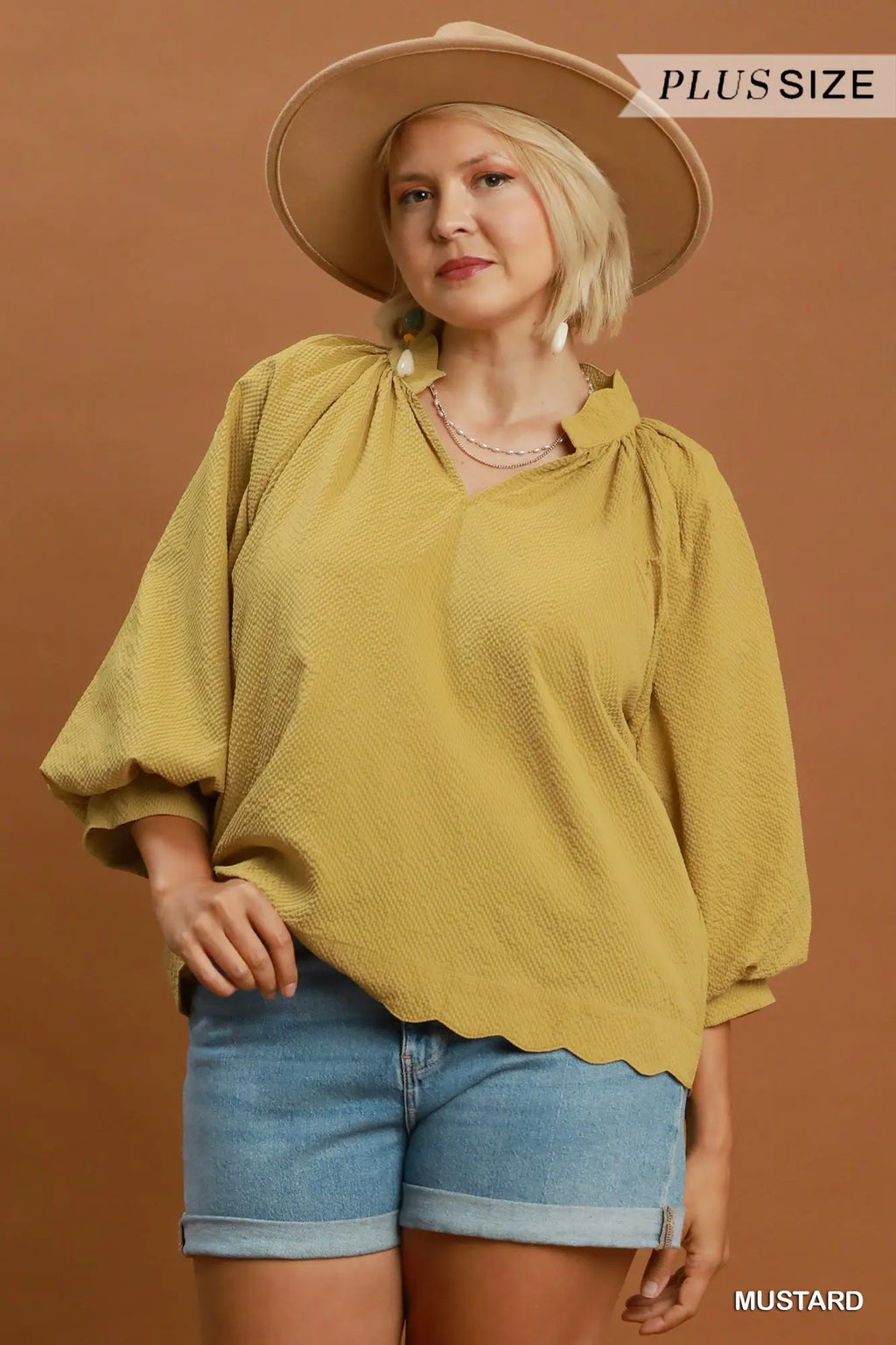 Plus Size V-Neck Scalloped Textured Long Sleeve Top