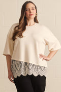 Plus Size Ecru Soft Tee With Lace Hem