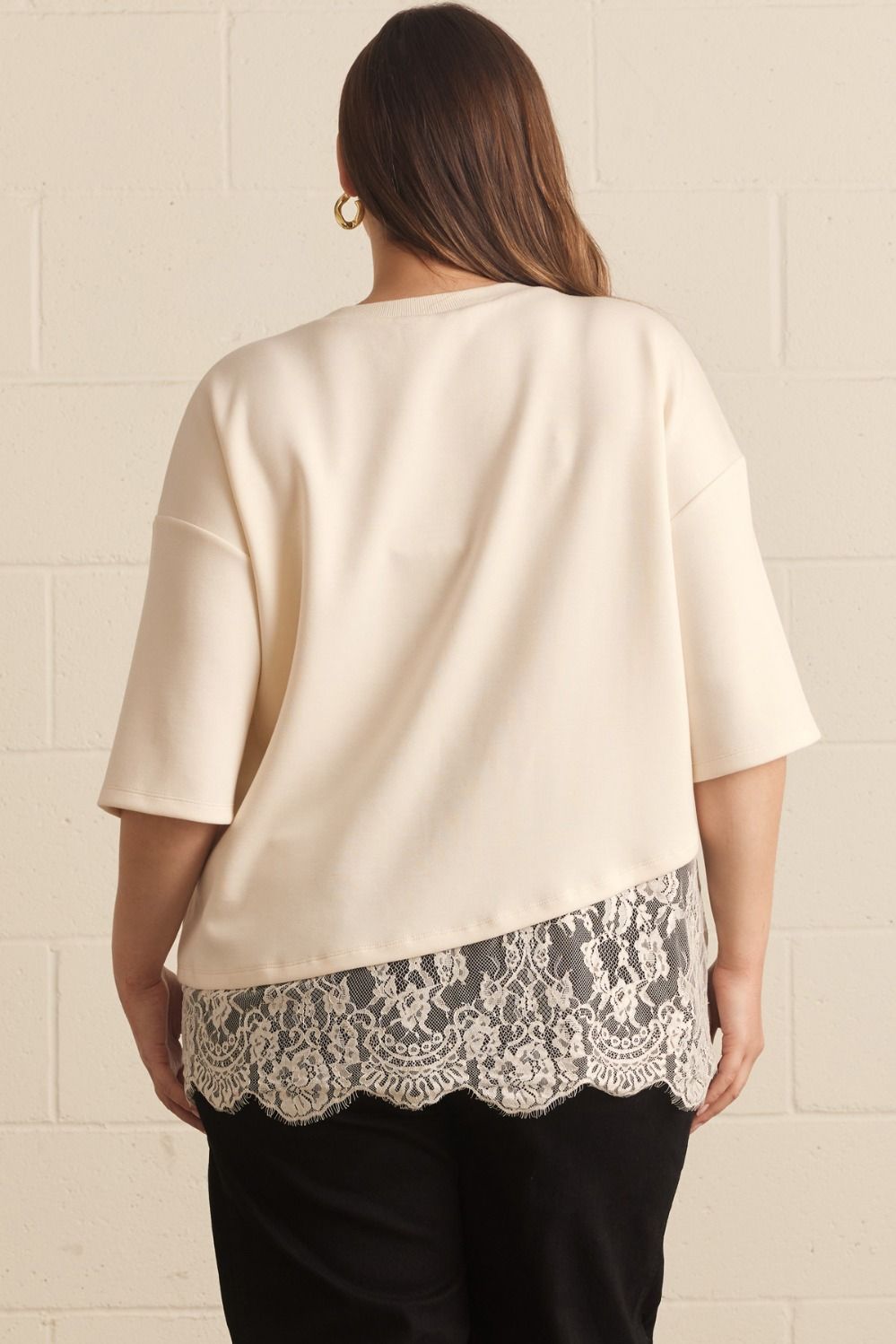 Plus Size Ecru Soft Tee With Lace Hem