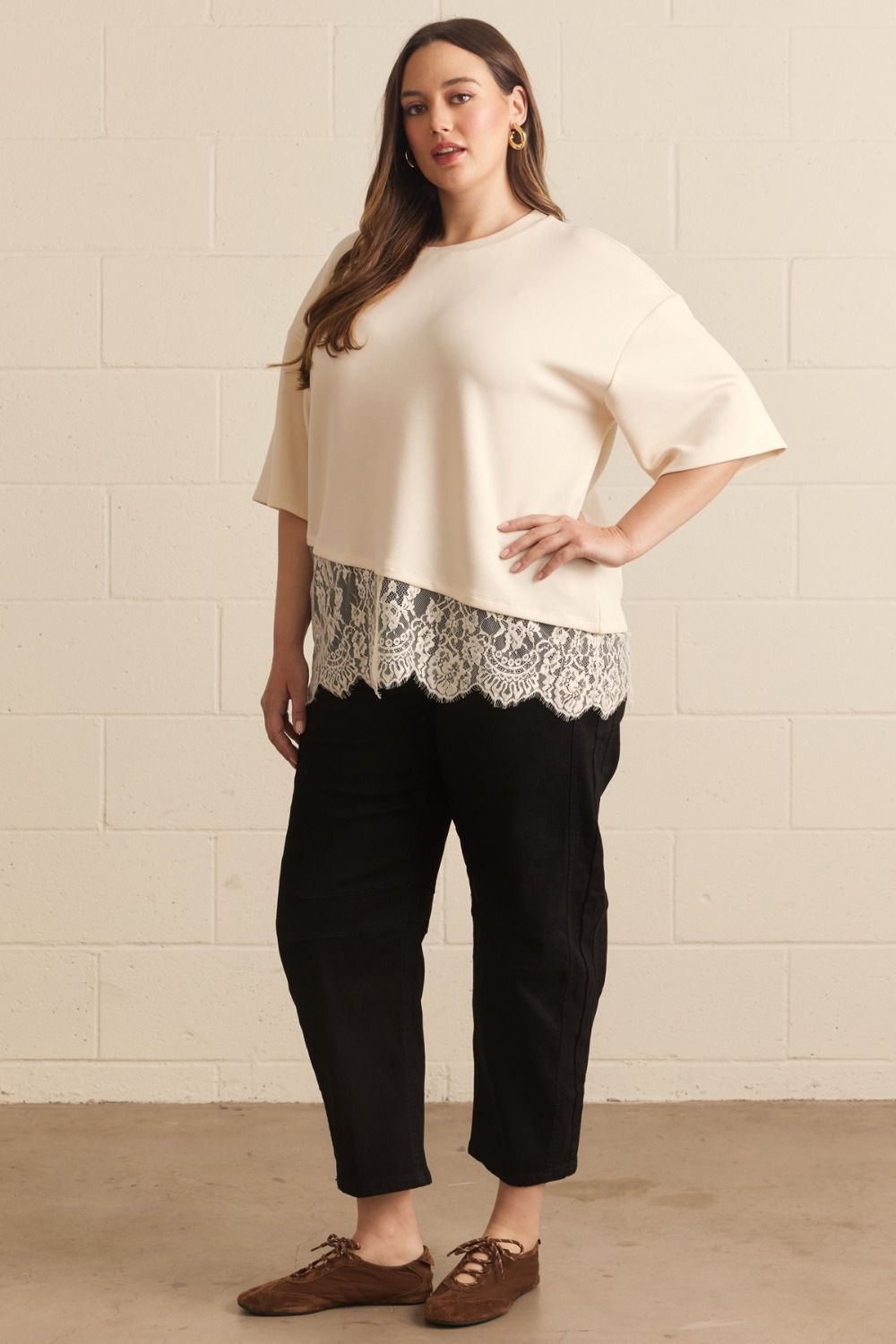 Plus Size Ecru Soft Tee With Lace Hem