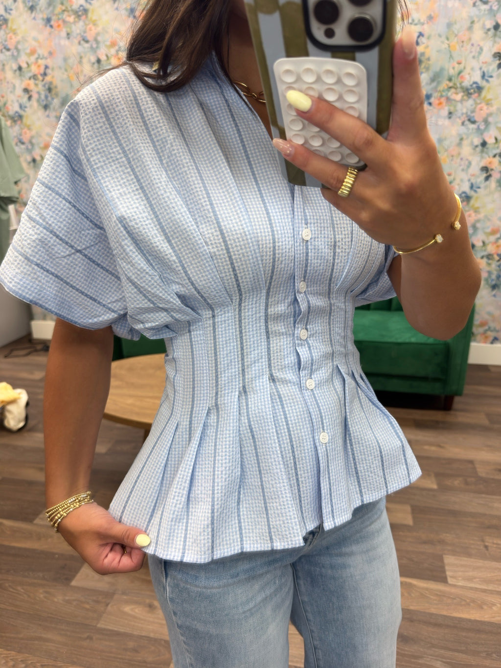 Gingham blue pleated button down top