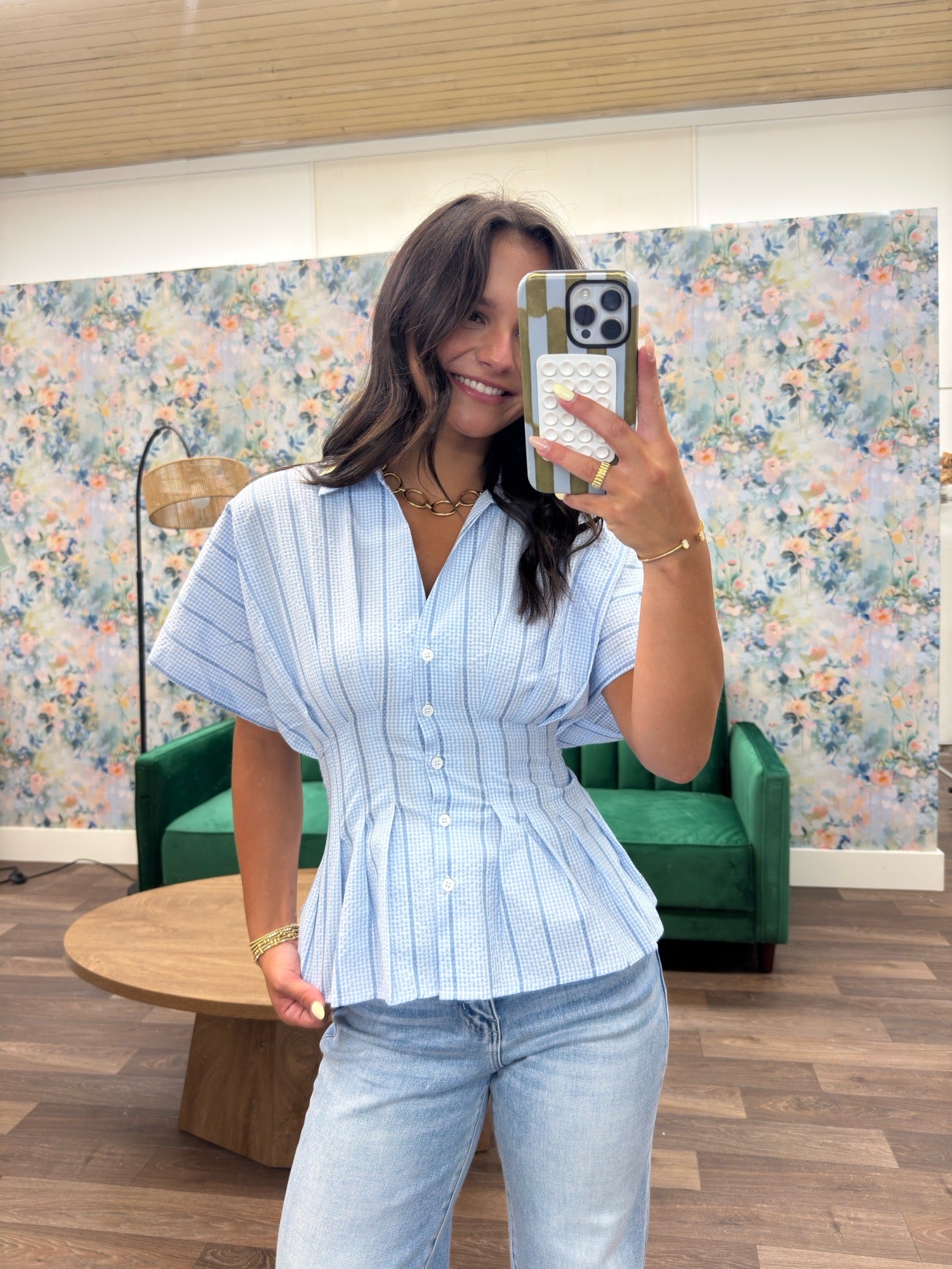 Gingham blue pleated button down top