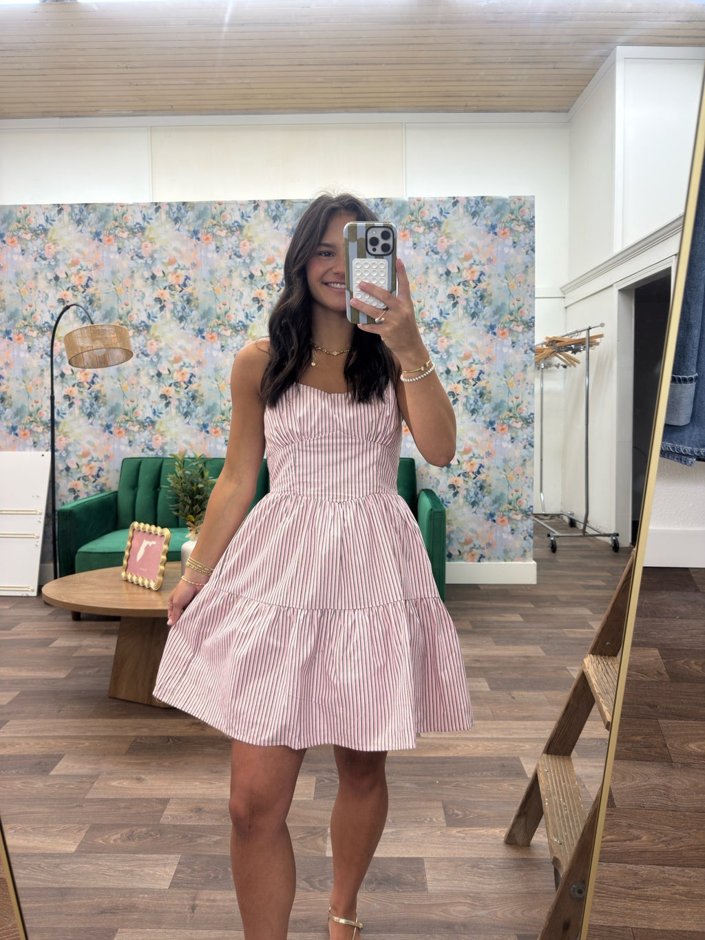 Pink and green multi striped dress