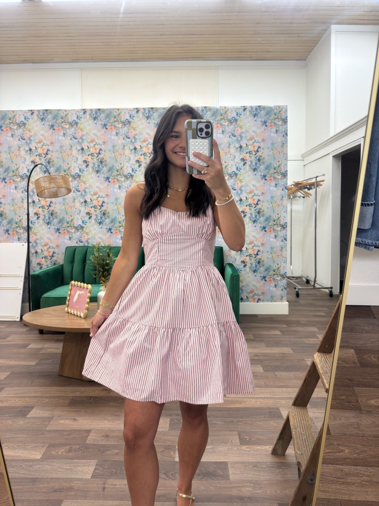 Pink and green multi striped dress