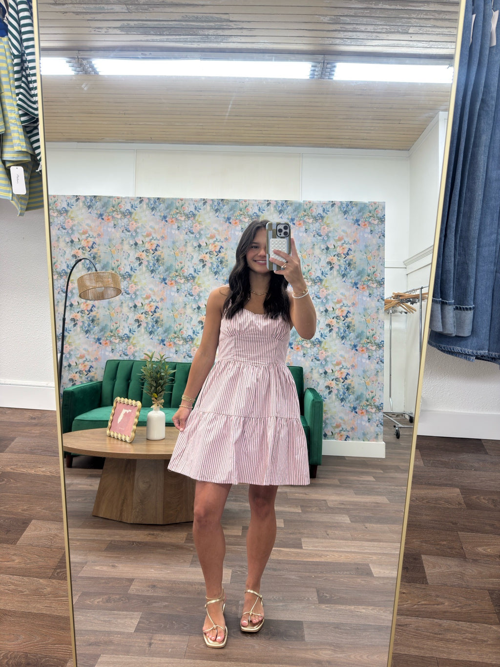 Pink and green multi striped dress
