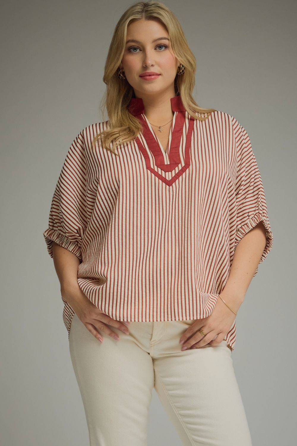 Striped split neck short dolman sleeve top